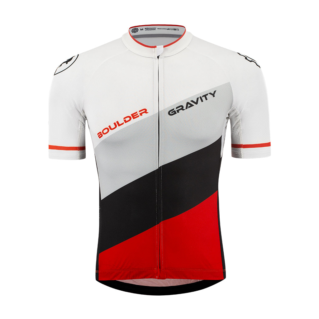 A male cycling jersey featuring a full zipper, short sleeves, and a slogan 'Gravity' on the chest panel. The color scheme is predominantly white with black and red accents.