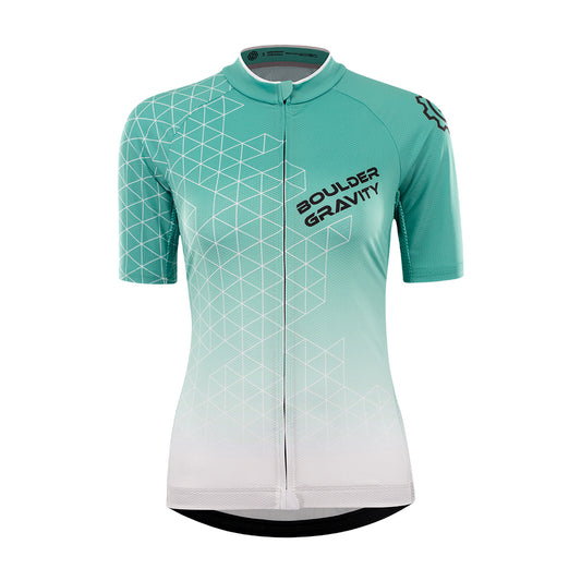 A short-sleeved cycling jersey in light blue with dark blue geometric patterns and the text 'Bulldog Gravity' on the chest.