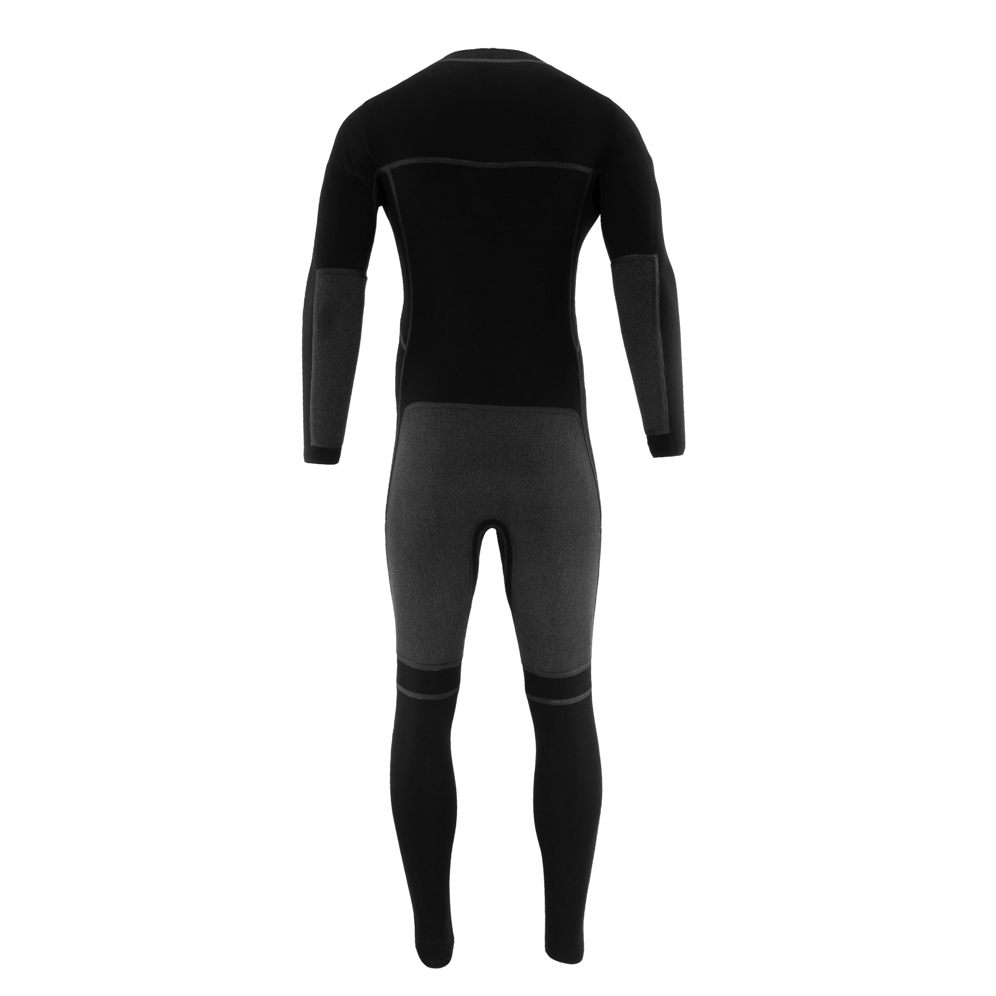 A black and Kevlar armored full-body wetsuit shown from the back on a plain white background.