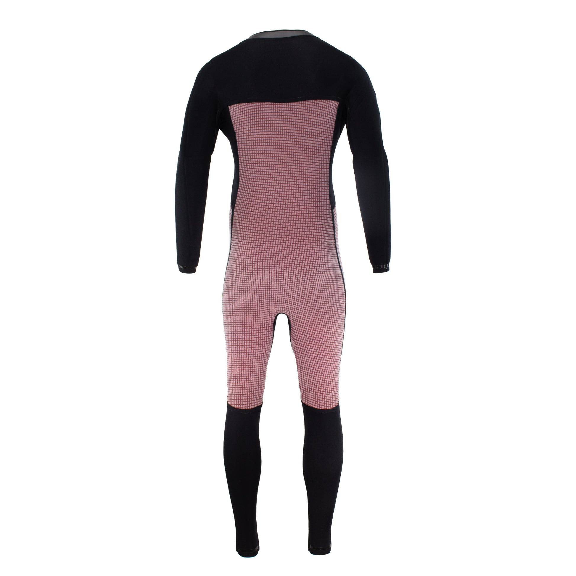 A full-body one-piece wetsuit shown from the back, featuring 4mm neoprene , comfort neck, with a thermal lining 