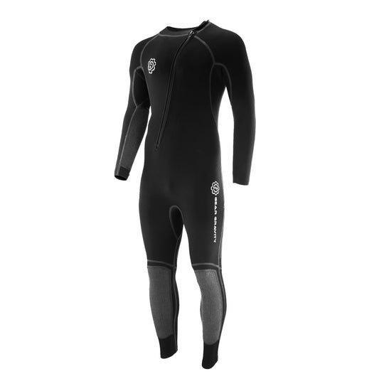 A black full-body wetsuit with long sleeves and legs, featuring Kevlar panels on the lower legs and white printed logos, shown against a plain white background.