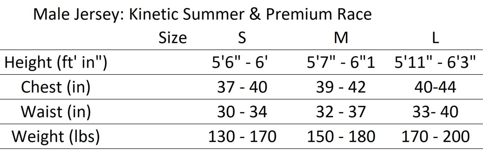 size chart race cut cycling jersey 